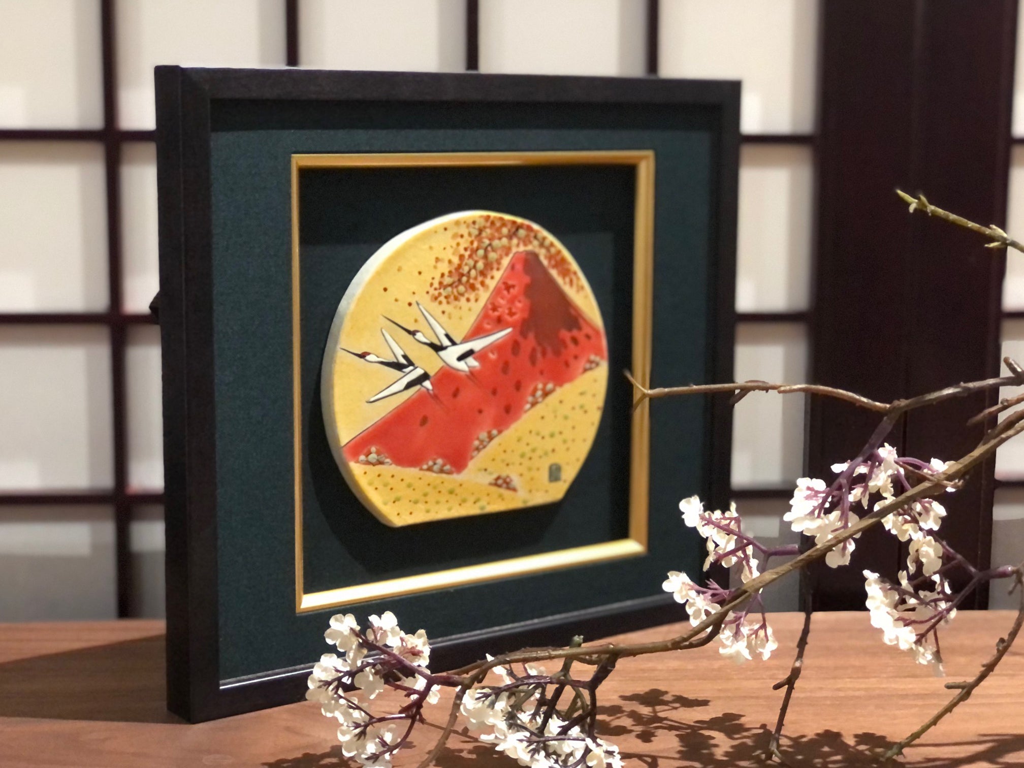 九谷燒陶藝掛畫 - 白鶴紅葉